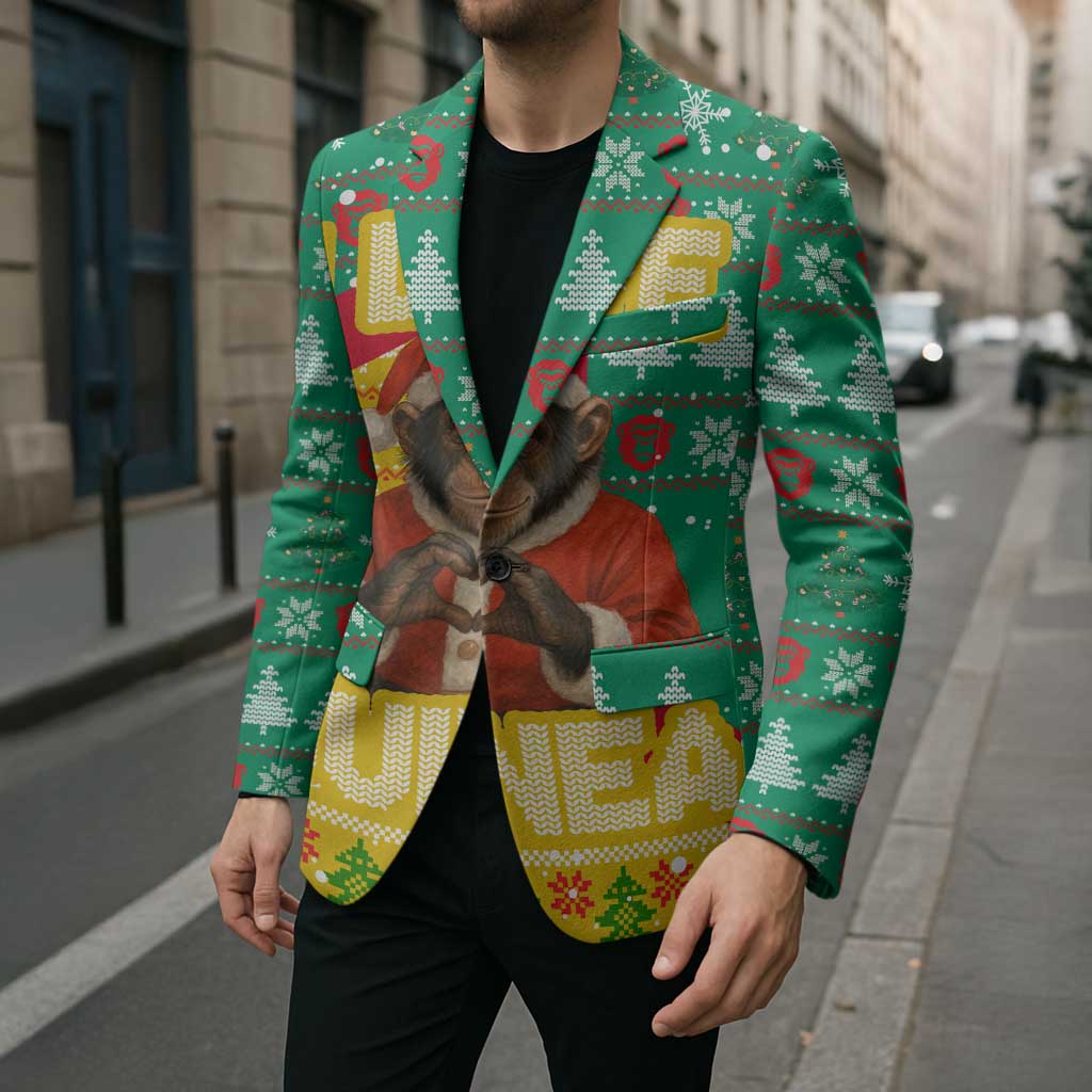 Guinea Christmas Blazer with Santa Chimpanzee Heart Hands and Green Red Snowflake Pattern - Wonder Print Shop