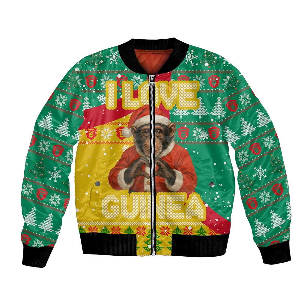 Guinea Christmas Bomber Jacket with Santa Chimpanzee Heart Hands and Green Red Snowflake Pattern - Wonder Print Shop