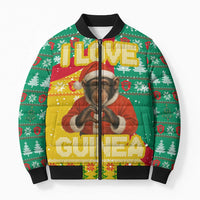 Guinea Christmas Bomber Puffer Jacket with Santa Chimpanzee Heart Hands and Green Red Snowflake Pattern - Wonder Print Shop