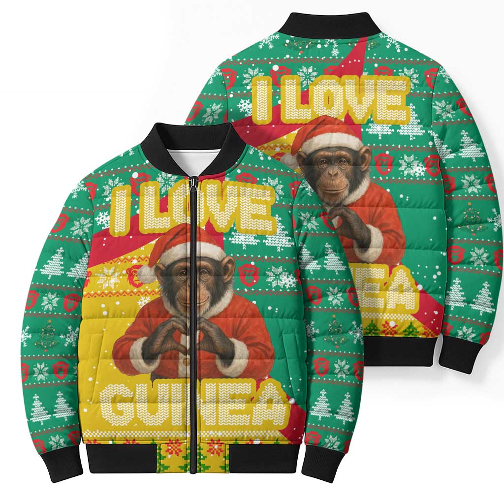 Guinea Christmas Bomber Puffer Jacket with Santa Chimpanzee Heart Hands and Green Red Snowflake Pattern - Wonder Print Shop
