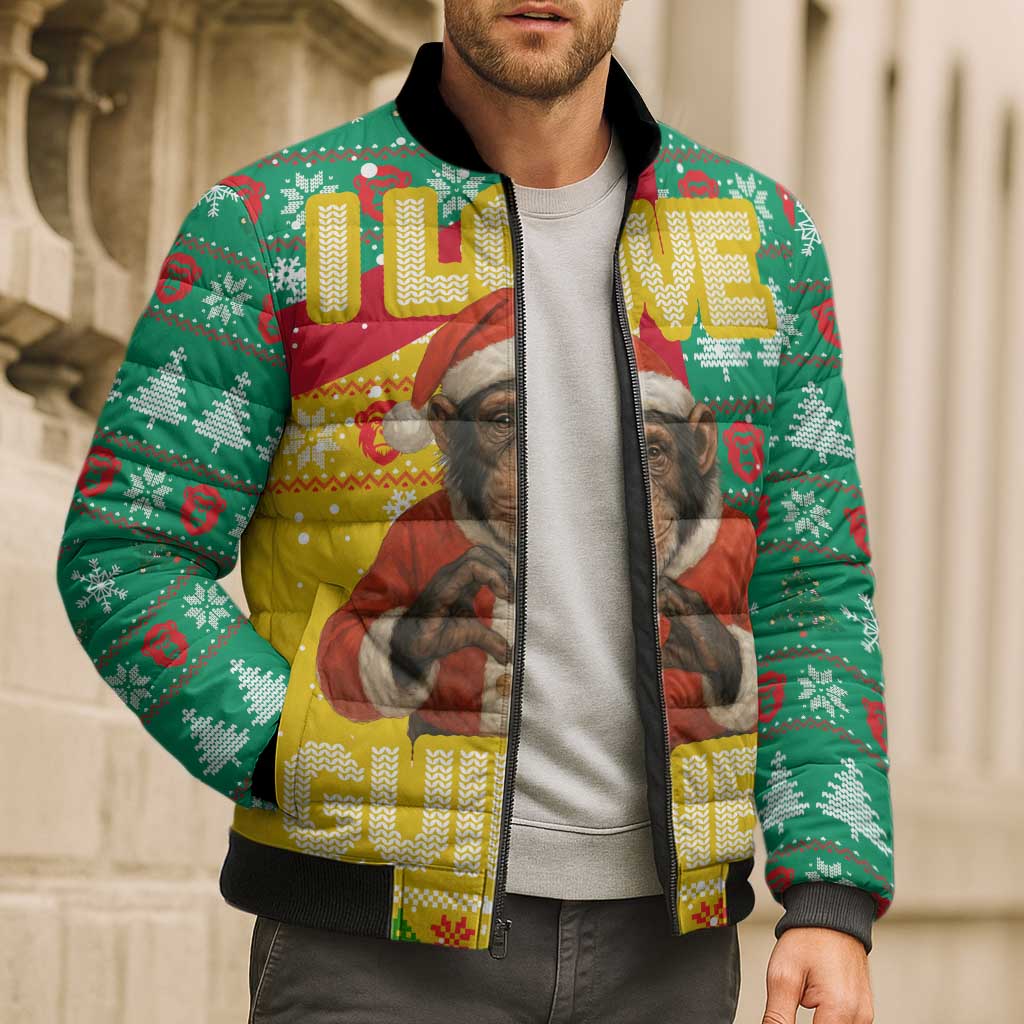 Guinea Christmas Bomber Puffer Jacket with Santa Chimpanzee Heart Hands and Green Red Snowflake Pattern - Wonder Print Shop