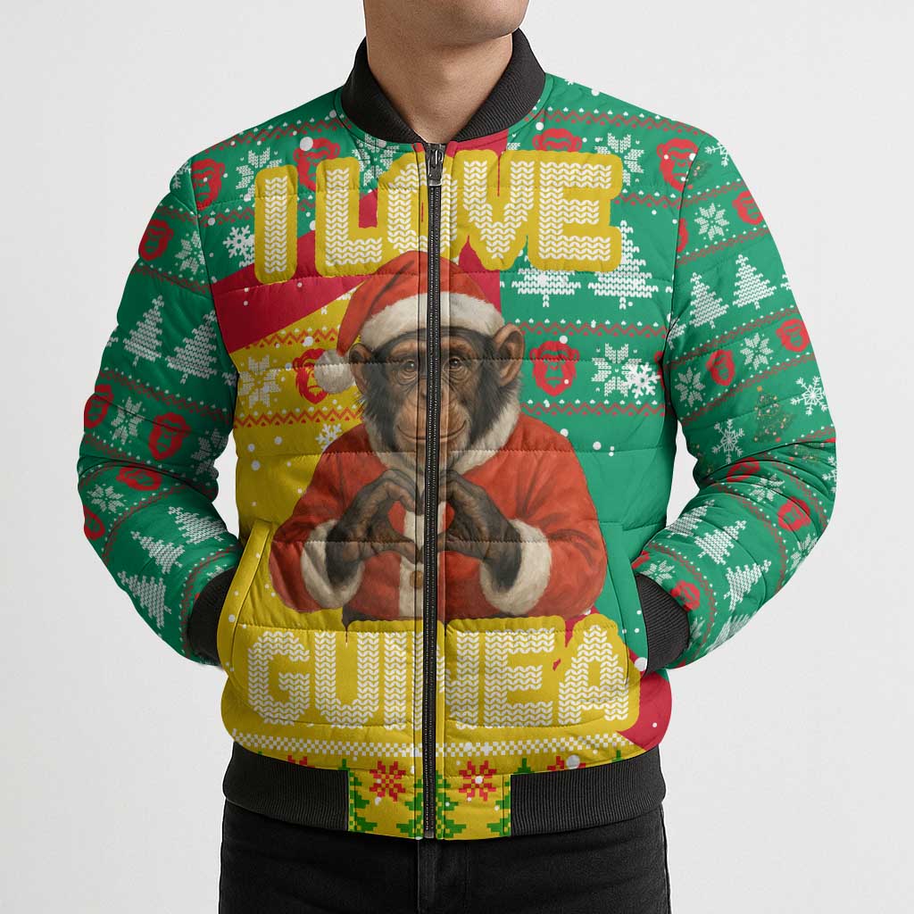 Guinea Christmas Bomber Puffer Jacket with Santa Chimpanzee Heart Hands and Green Red Snowflake Pattern - Wonder Print Shop