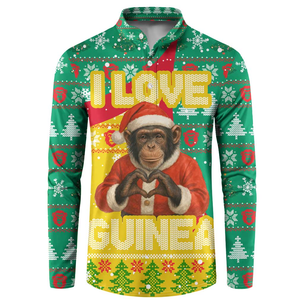 Guinea Christmas Button Sweatshirt with Santa Chimpanzee Heart Hands and Green Red Snowflake Pattern - Wonder Print Shop