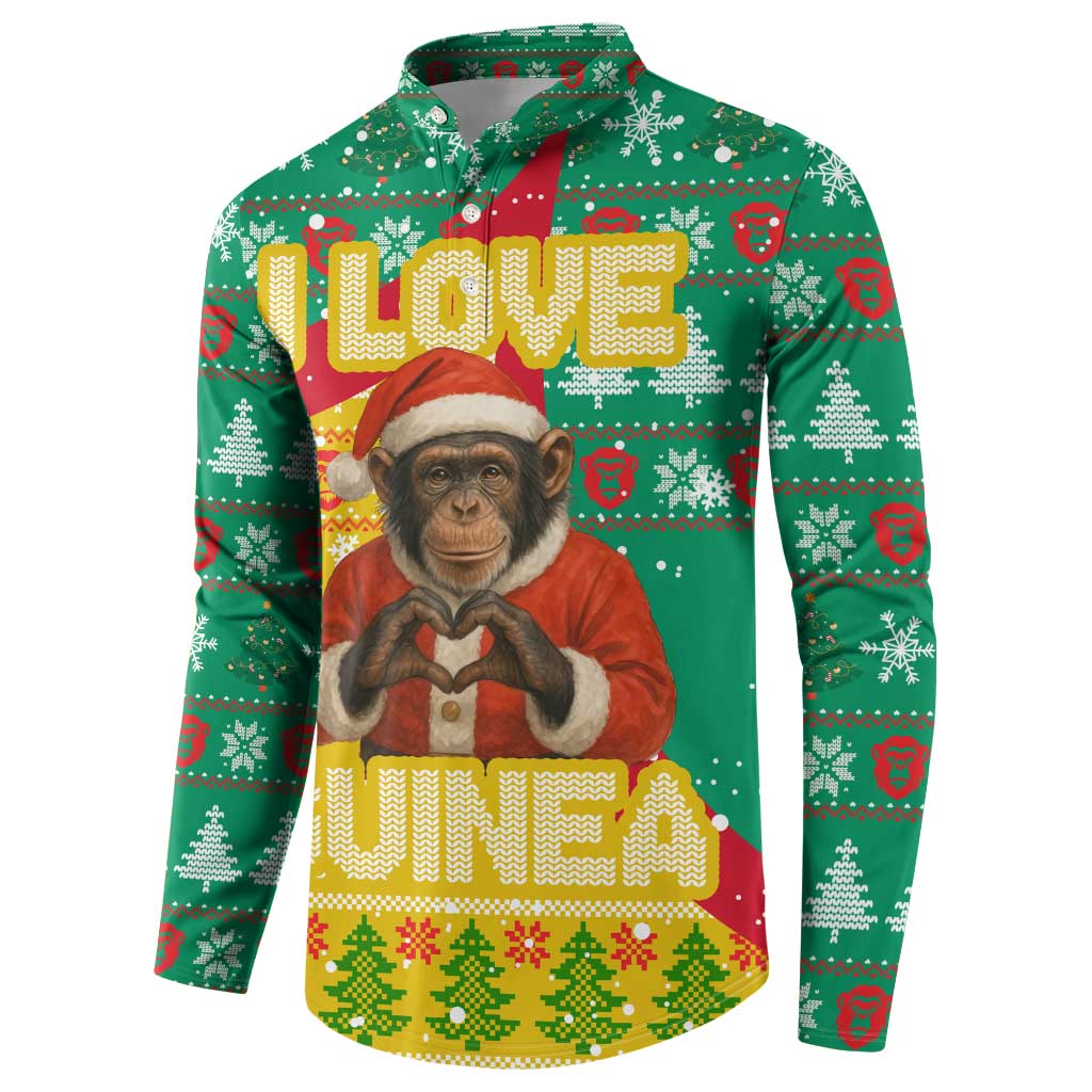 Guinea Christmas Button Sweatshirt with Santa Chimpanzee Heart Hands and Green Red Snowflake Pattern - Wonder Print Shop