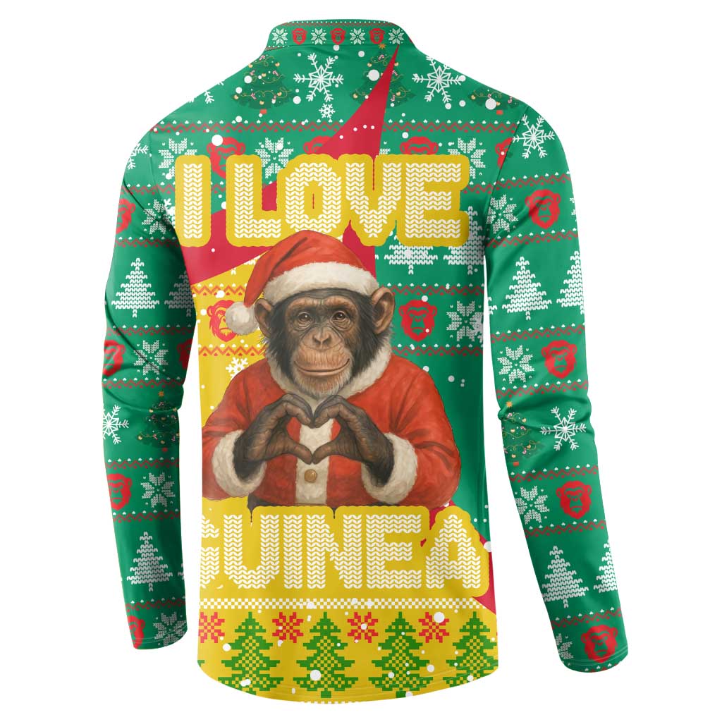 Guinea Christmas Button Sweatshirt with Santa Chimpanzee Heart Hands and Green Red Snowflake Pattern - Wonder Print Shop