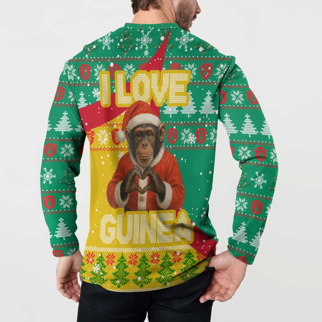 Guinea Christmas Button Sweatshirt with Santa Chimpanzee Heart Hands and Green Red Snowflake Pattern - Wonder Print Shop