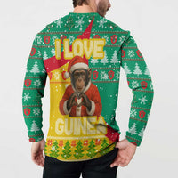 Guinea Christmas Button Sweatshirt with Santa Chimpanzee Heart Hands and Green Red Snowflake Pattern - Wonder Print Shop