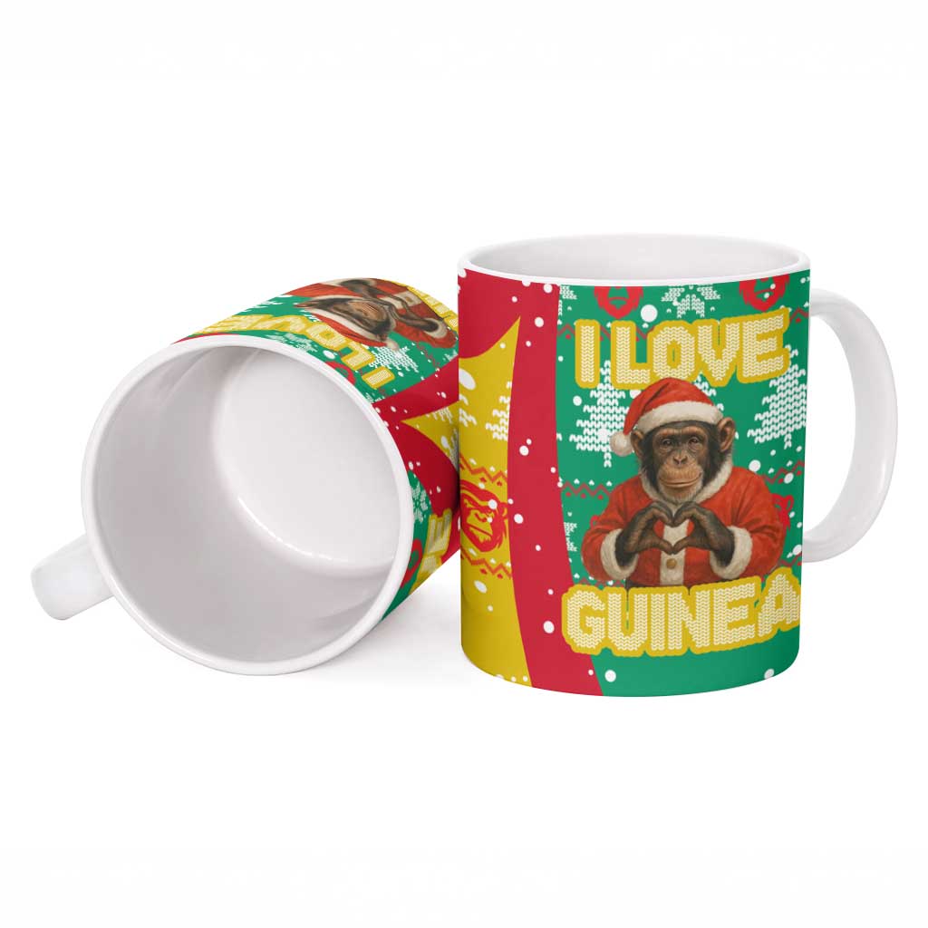 Guinea Christmas Ceramic Mug with Santa Chimpanzee Heart Hands and Green Red Snowflake Pattern - Wonder Print Shop
