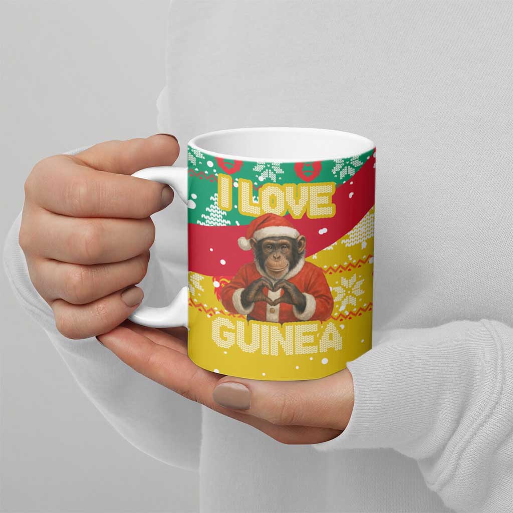 Guinea Christmas Ceramic Mug with Santa Chimpanzee Heart Hands and Green Red Snowflake Pattern - Wonder Print Shop