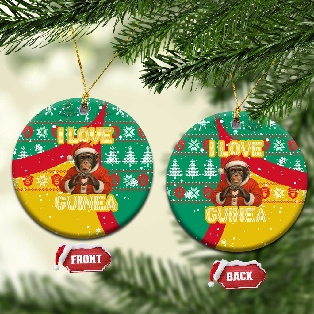 Guinea Christmas Ceramic Ornament with Santa Chimpanzee Heart Hands and Green Red Snowflake Pattern - Wonder Print Shop
