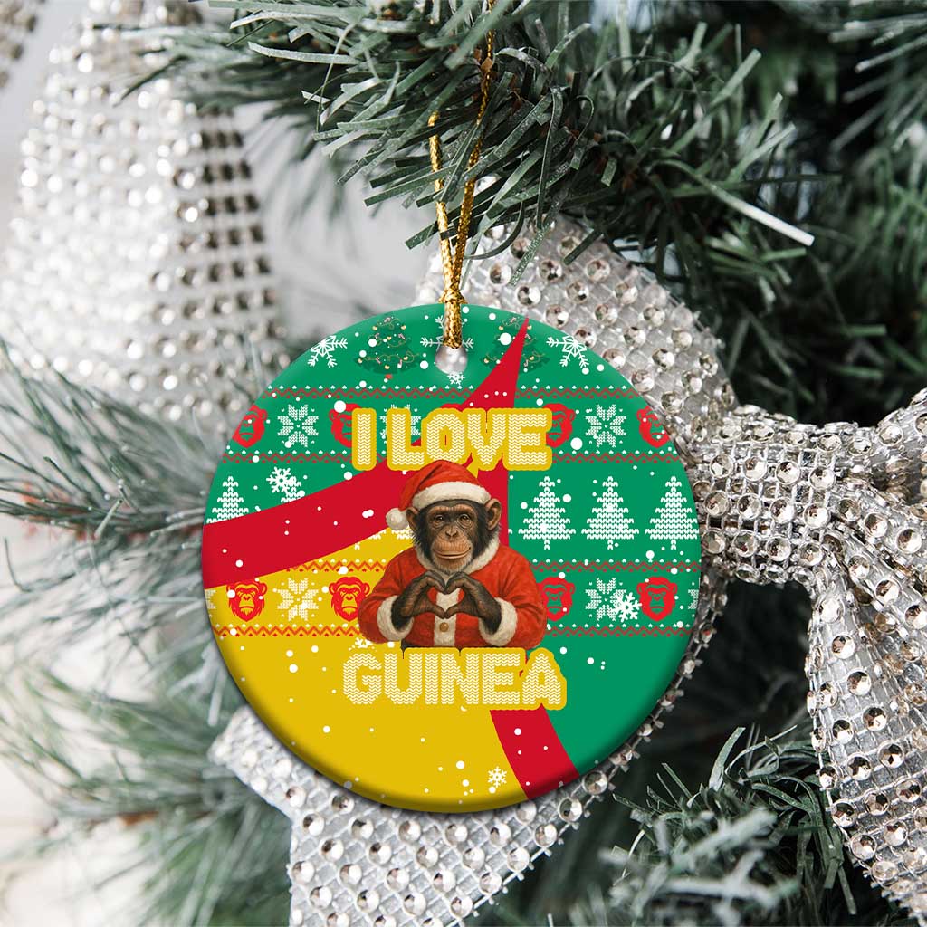 Guinea Christmas Ceramic Ornament with Santa Chimpanzee Heart Hands and Green Red Snowflake Pattern - Wonder Print Shop