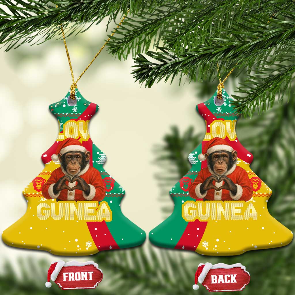 Guinea Christmas Ceramic Ornament with Santa Chimpanzee Heart Hands and Green Red Snowflake Pattern - Wonder Print Shop