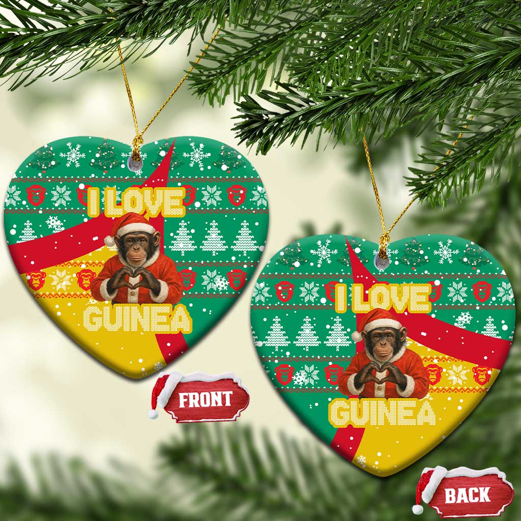 Guinea Christmas Ceramic Ornament with Santa Chimpanzee Heart Hands and Green Red Snowflake Pattern - Wonder Print Shop