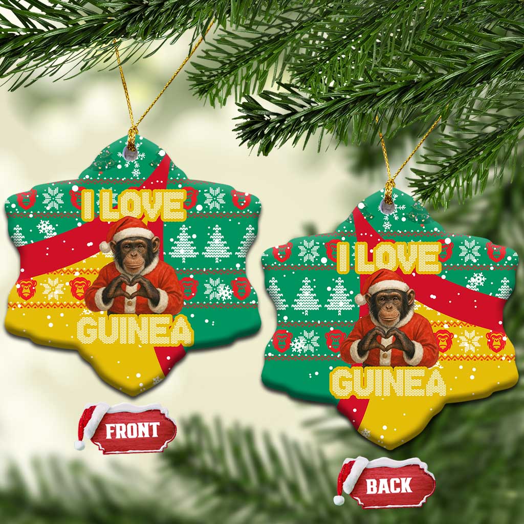 Guinea Christmas Ceramic Ornament with Santa Chimpanzee Heart Hands and Green Red Snowflake Pattern - Wonder Print Shop