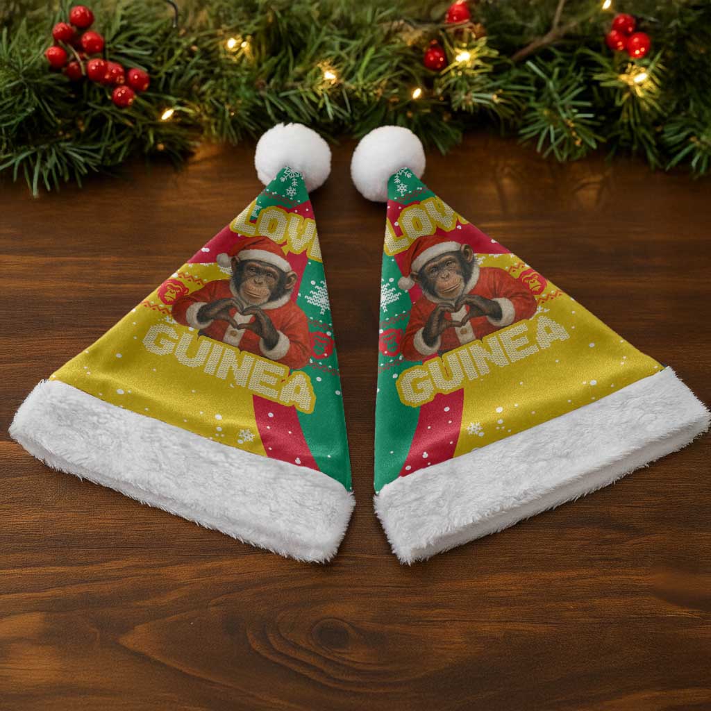 Guinea Christmas Santa Hat with Santa Chimpanzee Heart Hands and Green Red Snowflake Pattern - Wonder Print Shop