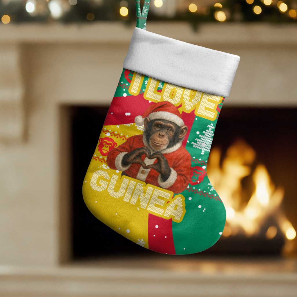 Guinea Christmas Stocking with Santa Chimpanzee Heart Hands and Green Red Snowflake Pattern - Wonder Print Shop