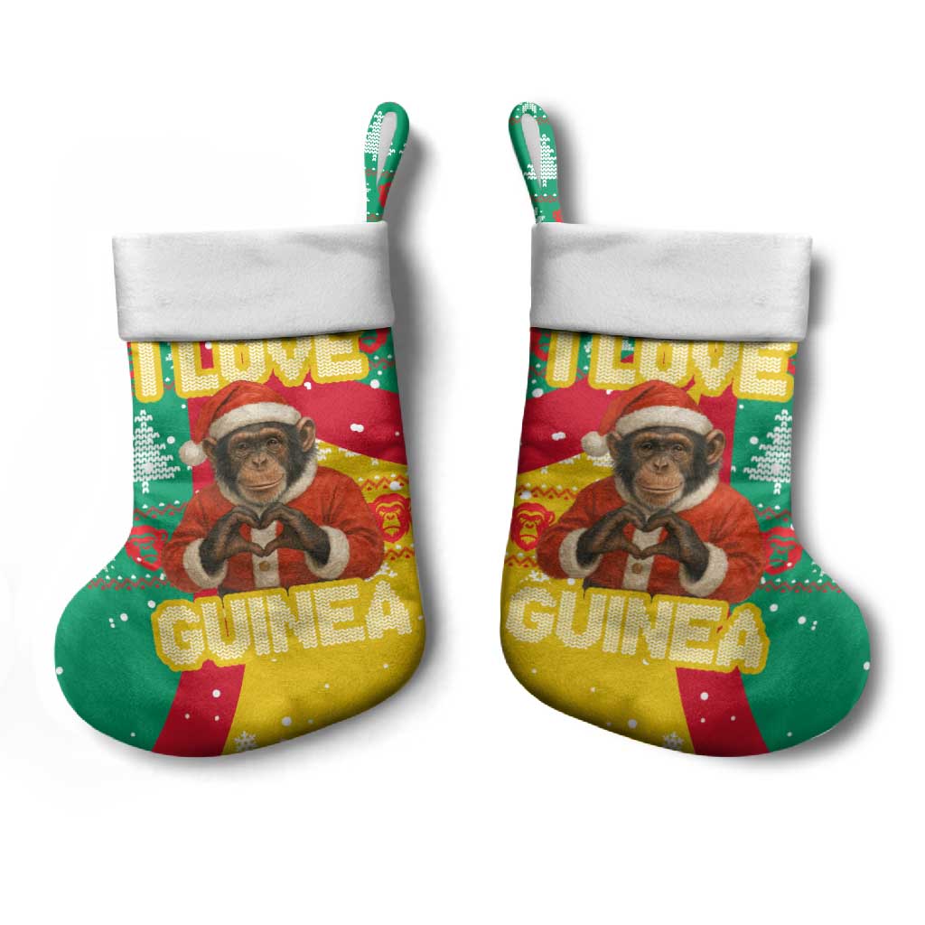 Guinea Christmas Stocking with Santa Chimpanzee Heart Hands and Green Red Snowflake Pattern - Wonder Print Shop