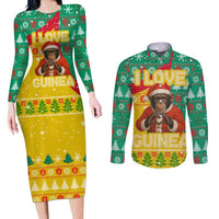Guinea Christmas Couples Matching Long Sleeve Bodycon Dress and Long Sleeve Button Shirt with Santa Chimpanzee Heart Hands and Green Red Snowflake Pattern - Wonder Print Shop