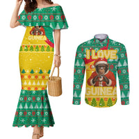 Guinea Christmas Couples Matching Mermaid Dress and Long Sleeve Button Shirt with Santa Chimpanzee Heart Hands and Green Red Snowflake Pattern - Wonder Print Shop