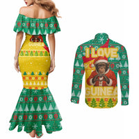 Guinea Christmas Couples Matching Mermaid Dress and Long Sleeve Button Shirt with Santa Chimpanzee Heart Hands and Green Red Snowflake Pattern - Wonder Print Shop