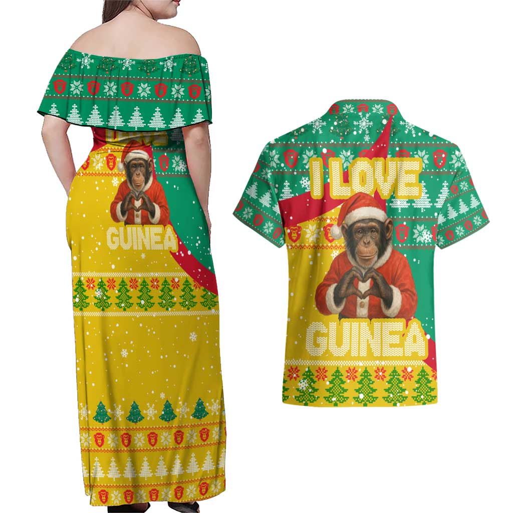 Guinea Christmas Couples Matching Off Shoulder Maxi Dress and Hawaiian Shirt with Santa Chimpanzee Heart Hands and Green Red Snowflake Pattern - Wonder Print Shop