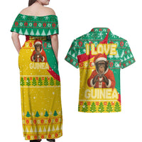 Guinea Christmas Couples Matching Off Shoulder Maxi Dress and Hawaiian Shirt with Santa Chimpanzee Heart Hands and Green Red Snowflake Pattern - Wonder Print Shop