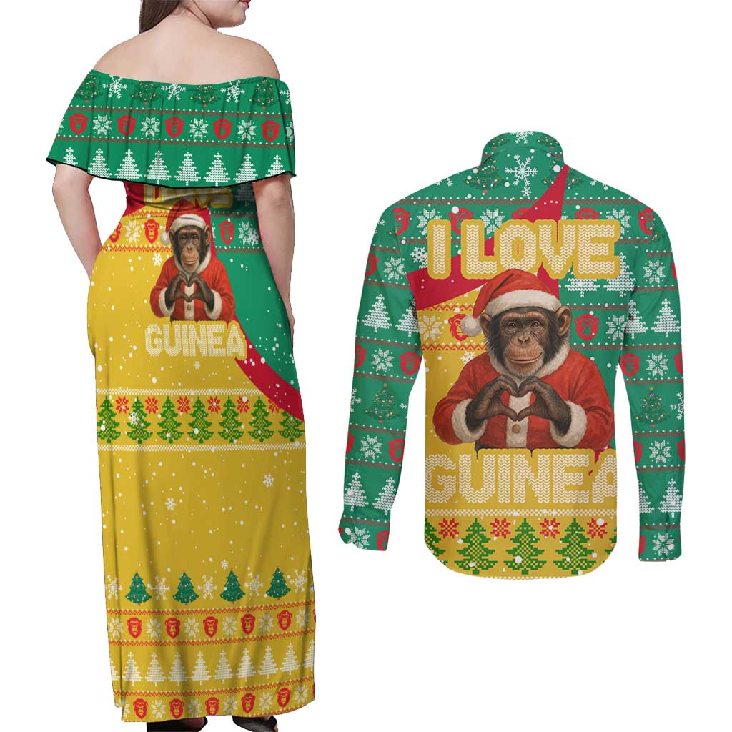 Guinea Christmas Couples Matching Off Shoulder Maxi Dress and Long Sleeve Button Shirt with Santa Chimpanzee Heart Hands and Green Red Snowflake Pattern - Wonder Print Shop