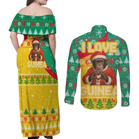 Guinea Christmas Couples Matching Off Shoulder Maxi Dress and Long Sleeve Button Shirt with Santa Chimpanzee Heart Hands and Green Red Snowflake Pattern - Wonder Print Shop