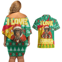 Guinea Christmas Couples Matching Off Shoulder Short Dress and Hawaiian Shirt with Santa Chimpanzee Heart Hands and Green Red Snowflake Pattern - Wonder Print Shop