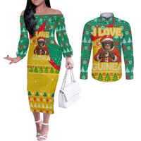 Guinea Christmas Couples Matching Off The Shoulder Long Sleeve Dress and Long Sleeve Button Shirt with Santa Chimpanzee Heart Hands and Green Red Snowflake Pattern - Wonder Print Shop