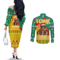 Guinea Christmas Couples Matching Off The Shoulder Long Sleeve Dress and Long Sleeve Button Shirt with Santa Chimpanzee Heart Hands and Green Red Snowflake Pattern - Wonder Print Shop