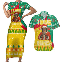 Guinea Christmas Couples Matching Short Sleeve Bodycon Dress and Hawaiian Shirt with Santa Chimpanzee Heart Hands and Green Red Snowflake Pattern - Wonder Print Shop