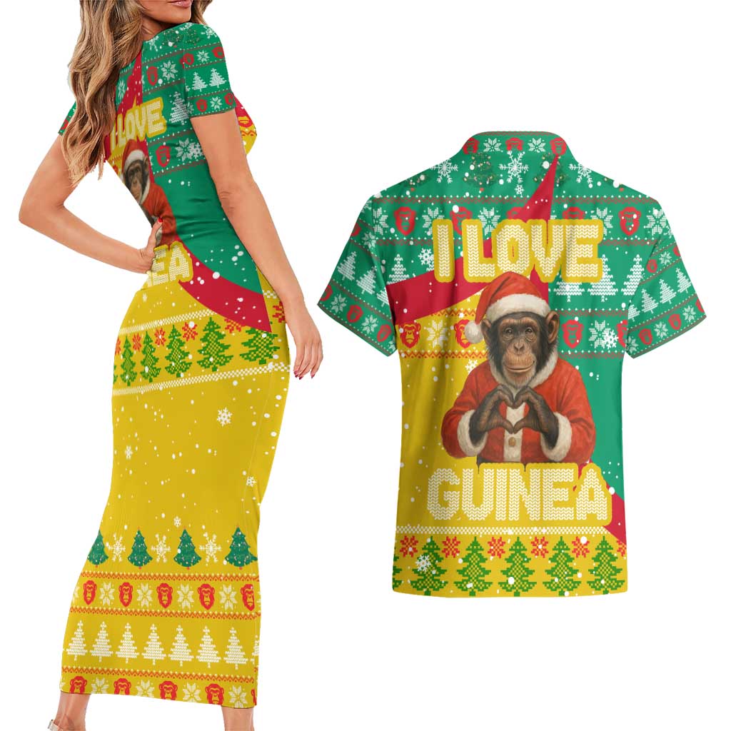 Guinea Christmas Couples Matching Short Sleeve Bodycon Dress and Hawaiian Shirt with Santa Chimpanzee Heart Hands and Green Red Snowflake Pattern - Wonder Print Shop
