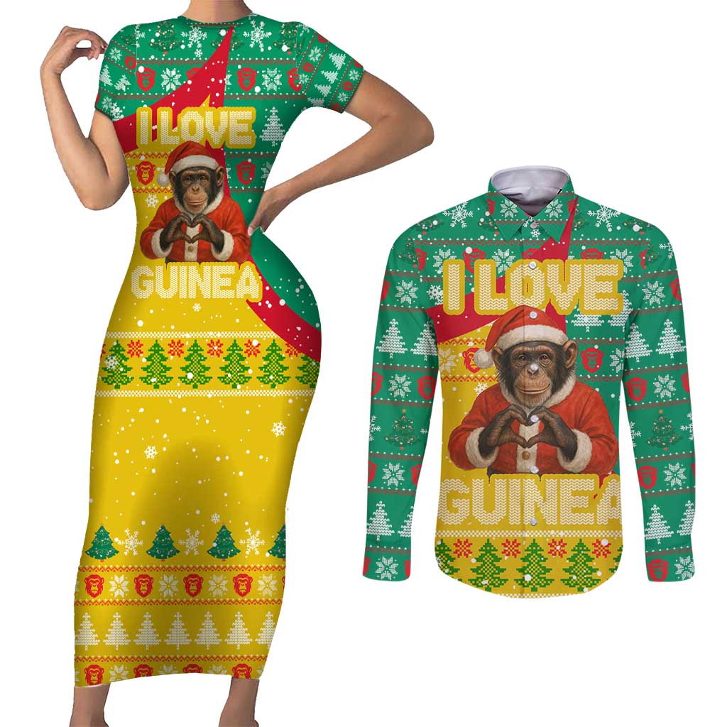 Guinea Christmas Couples Matching Short Sleeve Bodycon Dress and Long Sleeve Button Shirt with Santa Chimpanzee Heart Hands and Green Red Snowflake Pattern - Wonder Print Shop
