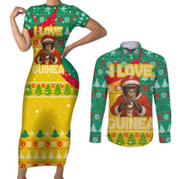 Guinea Christmas Couples Matching Short Sleeve Bodycon Dress and Long Sleeve Button Shirt with Santa Chimpanzee Heart Hands and Green Red Snowflake Pattern - Wonder Print Shop