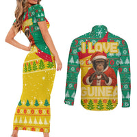 Guinea Christmas Couples Matching Short Sleeve Bodycon Dress and Long Sleeve Button Shirt with Santa Chimpanzee Heart Hands and Green Red Snowflake Pattern - Wonder Print Shop