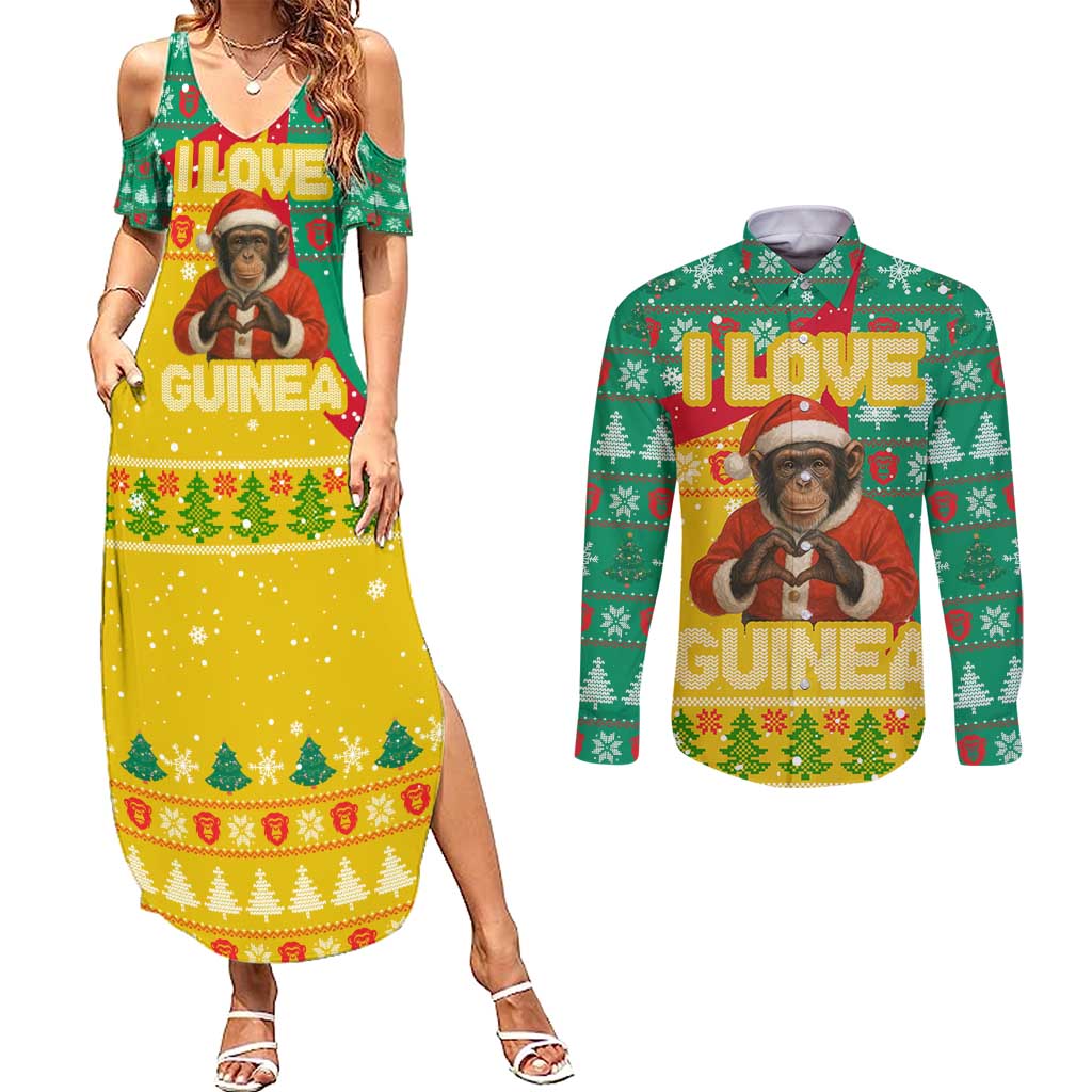 Guinea Christmas Couples Matching Summer Maxi Dress and Long Sleeve Button Shirt with Santa Chimpanzee Heart Hands and Green Red Snowflake Pattern - Wonder Print Shop