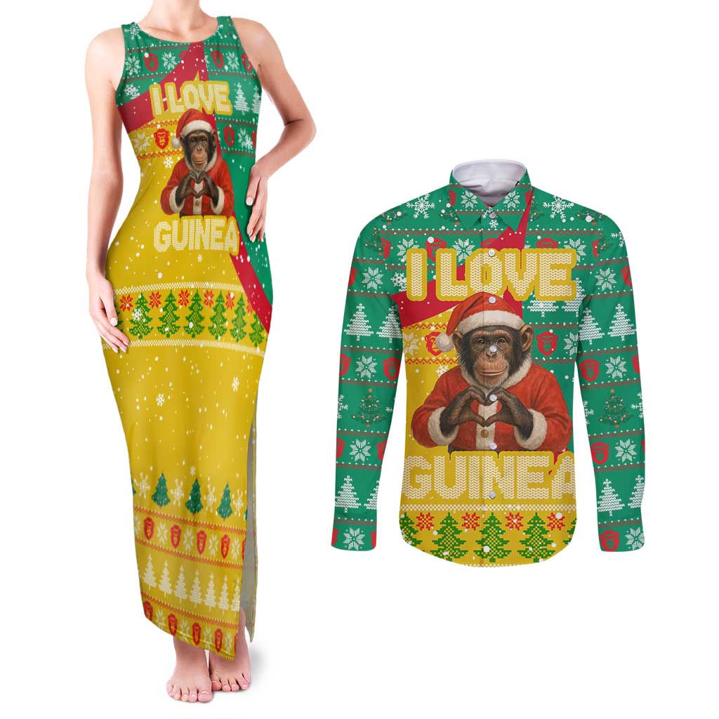 Guinea Christmas Couples Matching Tank Maxi Dress and Long Sleeve Button Shirt with Santa Chimpanzee Heart Hands and Green Red Snowflake Pattern - Wonder Print Shop