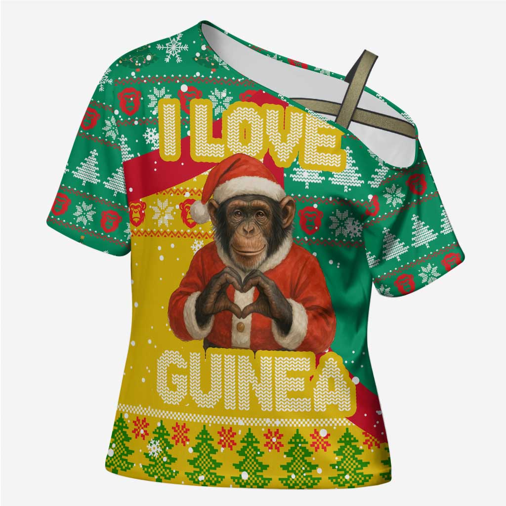 Guinea Christmas Cross Shoulder Shirt with Santa Chimpanzee Heart Hands and Green Red Snowflake Pattern - Wonder Print Shop