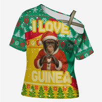 Guinea Christmas Cross Shoulder Shirt with Santa Chimpanzee Heart Hands and Green Red Snowflake Pattern - Wonder Print Shop