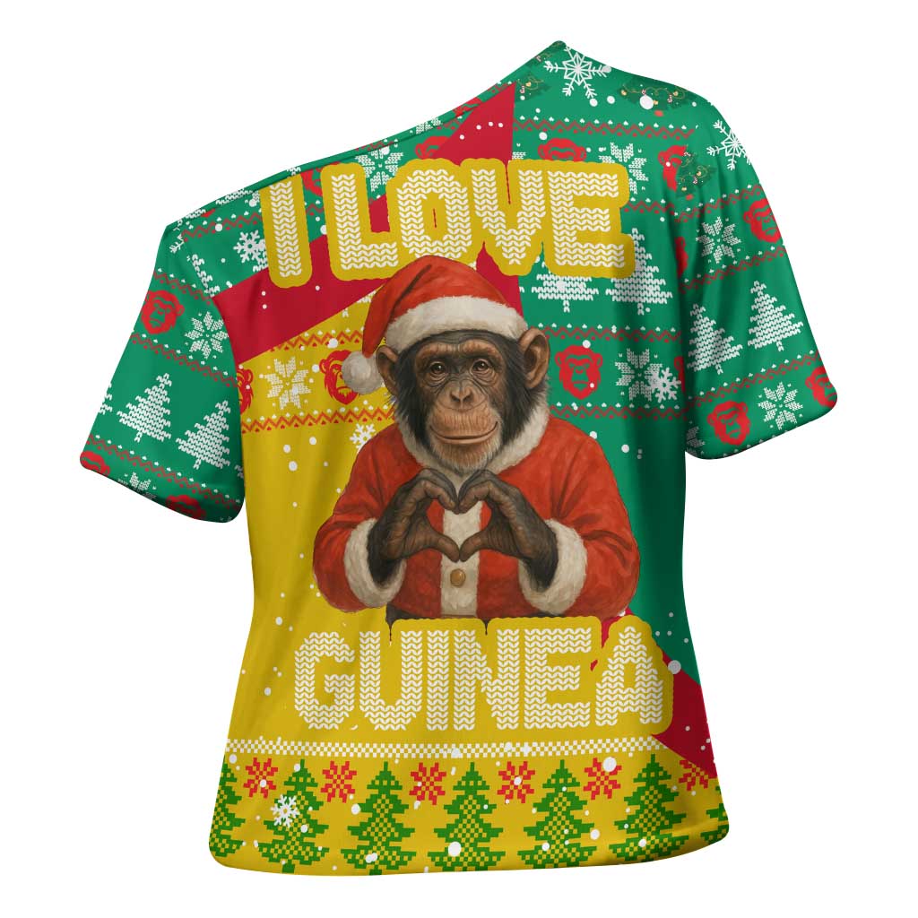 Guinea Christmas Cross Shoulder Shirt with Santa Chimpanzee Heart Hands and Green Red Snowflake Pattern - Wonder Print Shop