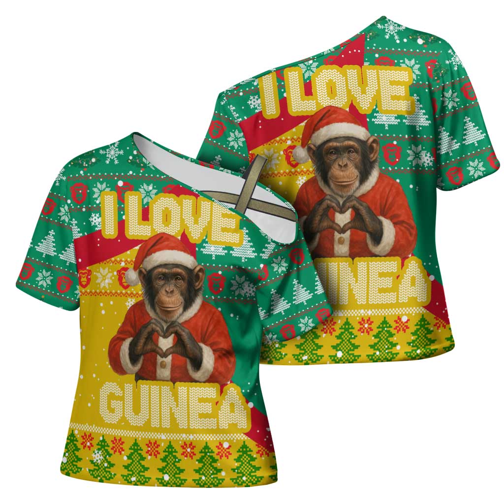 Guinea Christmas Cross Shoulder Shirt with Santa Chimpanzee Heart Hands and Green Red Snowflake Pattern - Wonder Print Shop