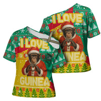Guinea Christmas Cross Shoulder Shirt with Santa Chimpanzee Heart Hands and Green Red Snowflake Pattern - Wonder Print Shop