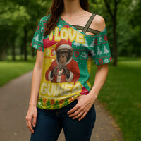 Guinea Christmas Cross Shoulder Shirt with Santa Chimpanzee Heart Hands and Green Red Snowflake Pattern - Wonder Print Shop