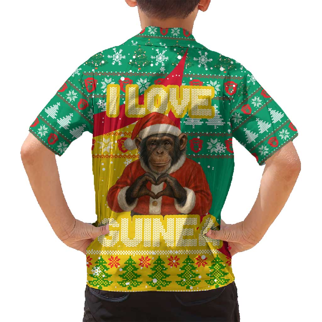 Guinea Christmas Family Matching Long Sleeve Bodycon Dress and Hawaiian Shirt with Santa Chimpanzee Heart Hands and Green Red Snowflake Pattern - Wonder Print Shop
