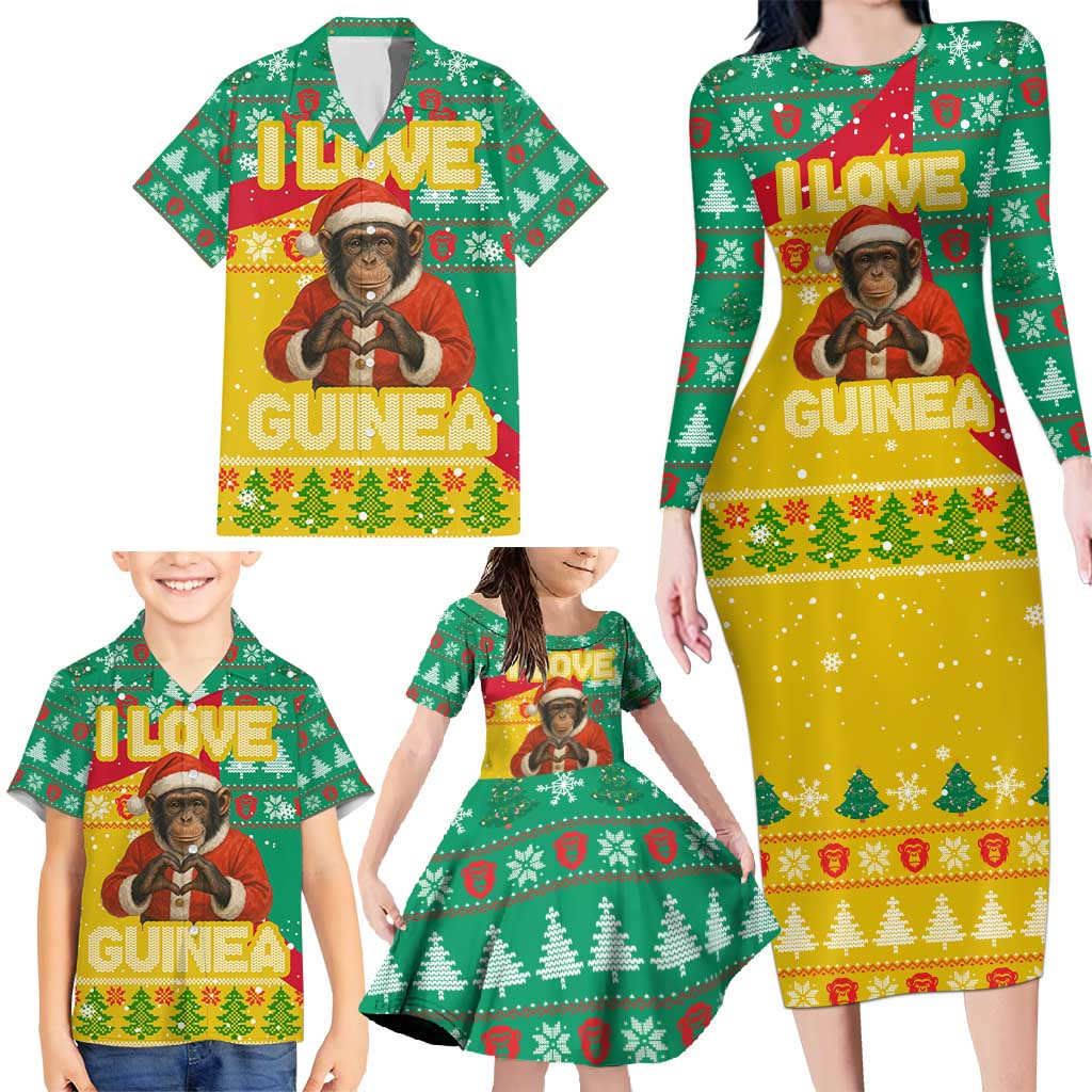 Guinea Christmas Family Matching Long Sleeve Bodycon Dress and Hawaiian Shirt with Santa Chimpanzee Heart Hands and Green Red Snowflake Pattern - Wonder Print Shop