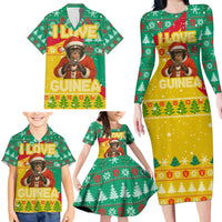 Guinea Christmas Family Matching Long Sleeve Bodycon Dress and Hawaiian Shirt with Santa Chimpanzee Heart Hands and Green Red Snowflake Pattern - Wonder Print Shop