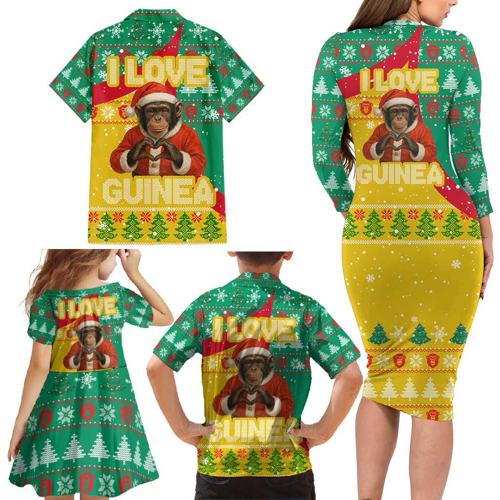 Guinea Christmas Family Matching Long Sleeve Bodycon Dress and Hawaiian Shirt with Santa Chimpanzee Heart Hands and Green Red Snowflake Pattern - Wonder Print Shop