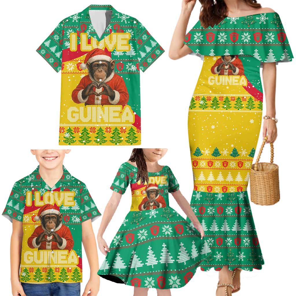Guinea Christmas Family Matching Mermaid Dress and Hawaiian Shirt with Santa Chimpanzee Heart Hands and Green Red Snowflake Pattern - Wonder Print Shop