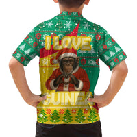 Guinea Christmas Family Matching Off The Shoulder Long Sleeve Dress and Hawaiian Shirt with Santa Chimpanzee Heart Hands and Green Red Snowflake Pattern - Wonder Print Shop